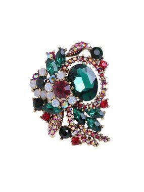 Rhinestone Crystal Brooch Pin Green & Red Floral Design Christmas